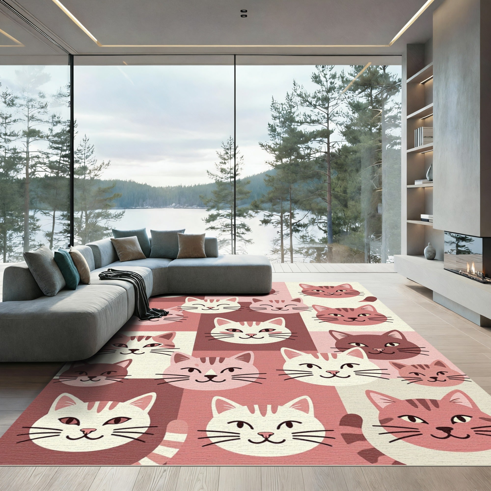 Cute Pink Cat Faces Grid Rug