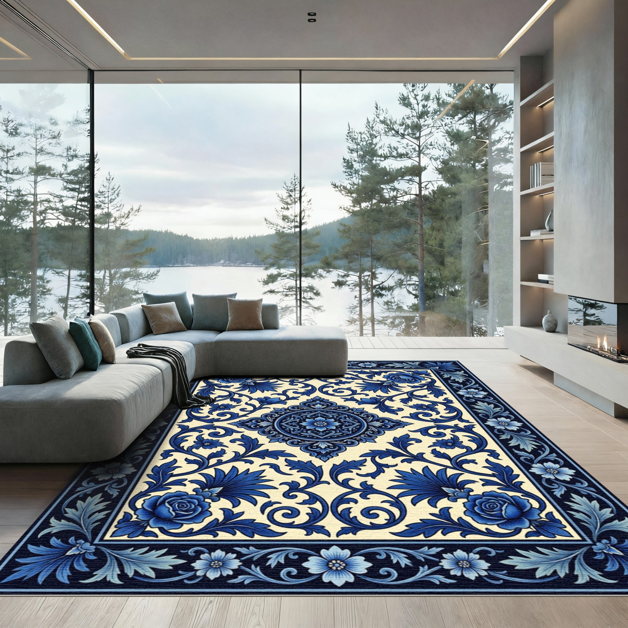 Classic Blue Floral Scroll Medallion Rug