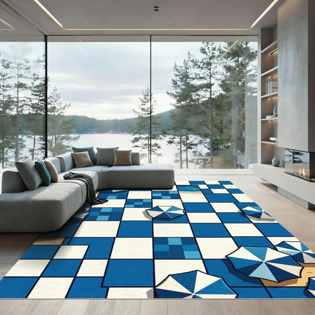 Coastal Blue Geometric Parasol Checkered Rug