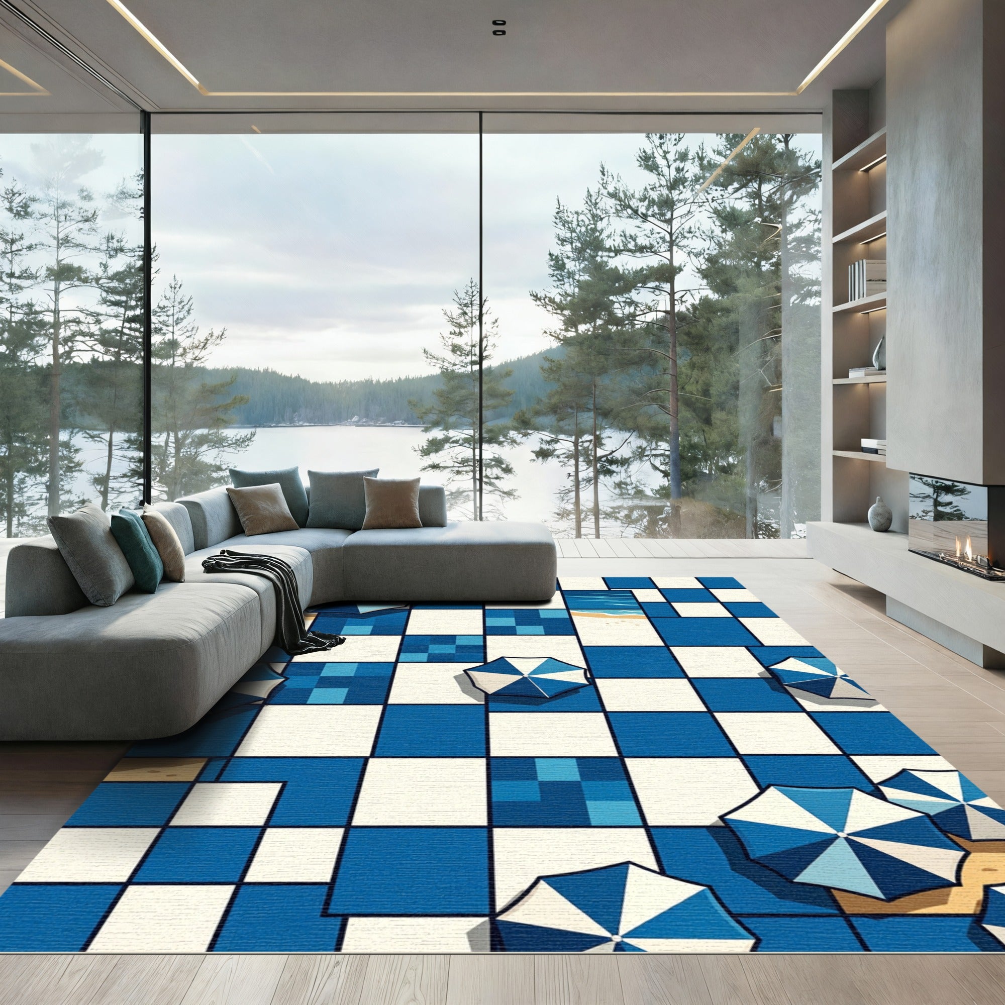 Coastal Blue Geometric Parasol Checkered Rug