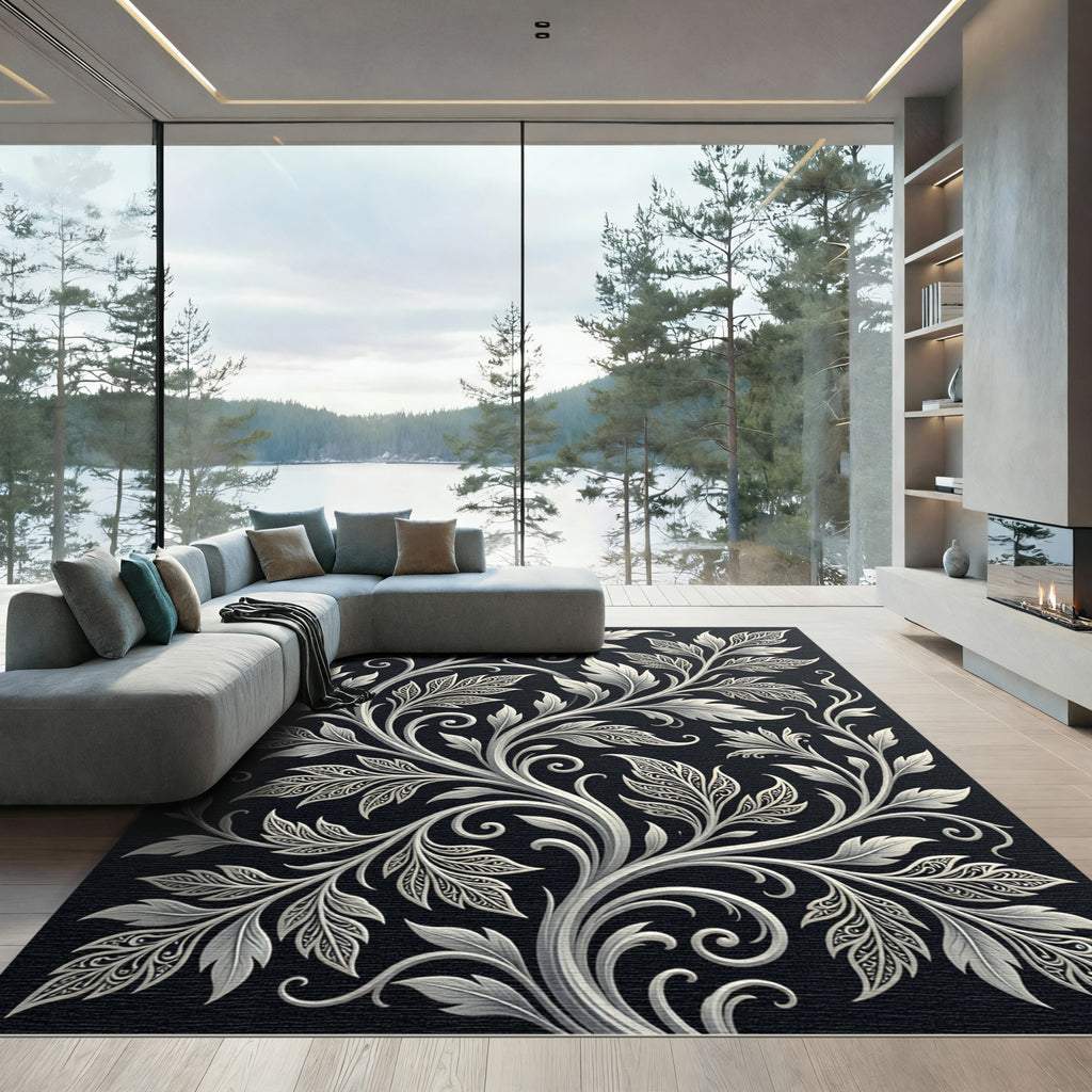 Ornate Silver Leaf Vine Rug