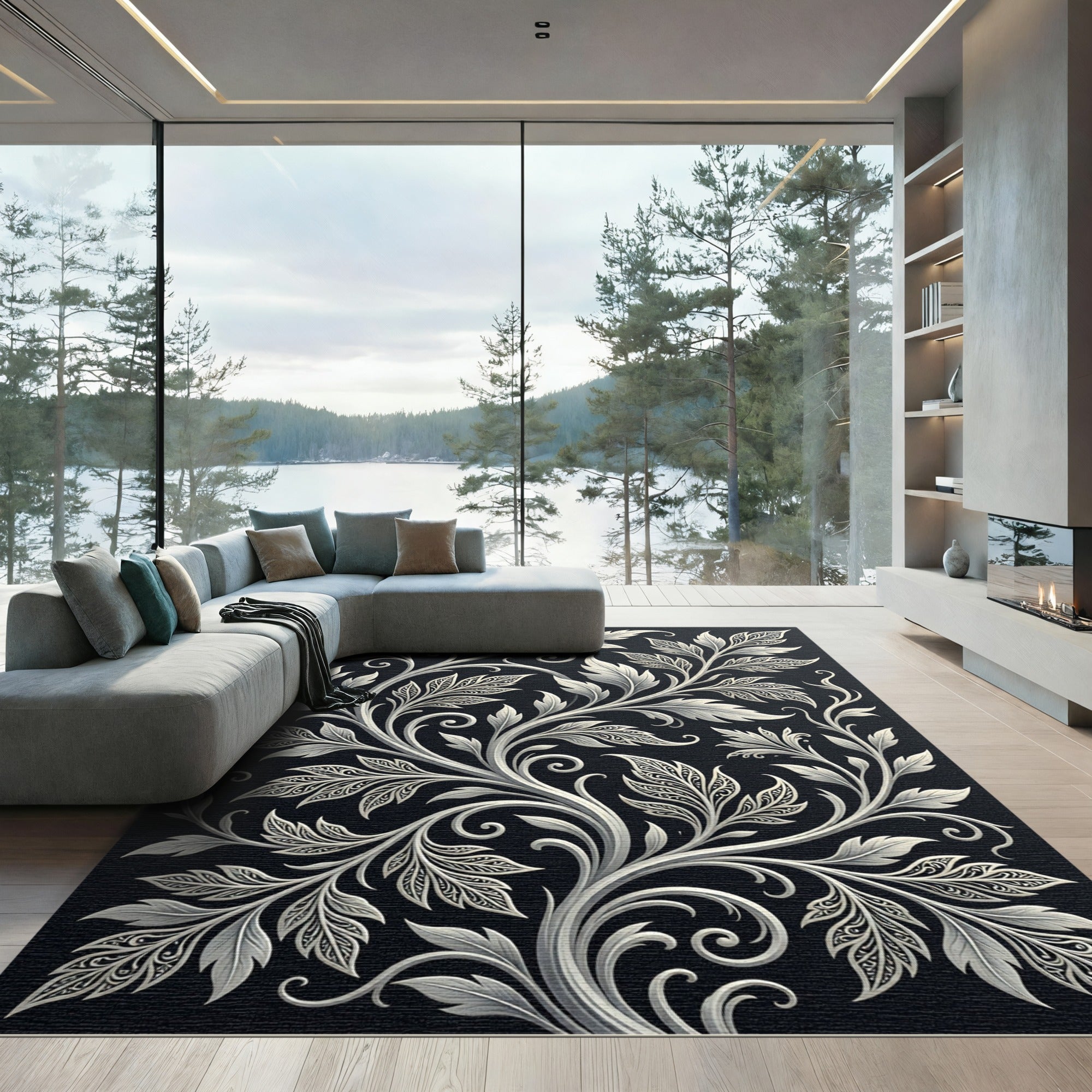 Ornate Silver Leaf Vine Rug