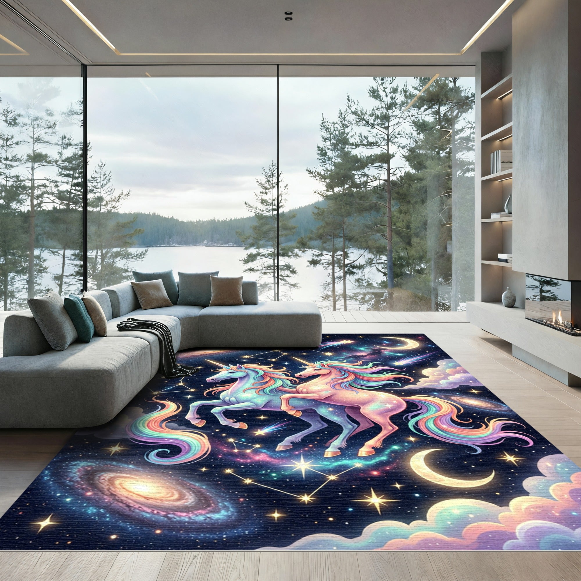 Pastel Celestial Unicorns in Cosmic Galaxy Rug