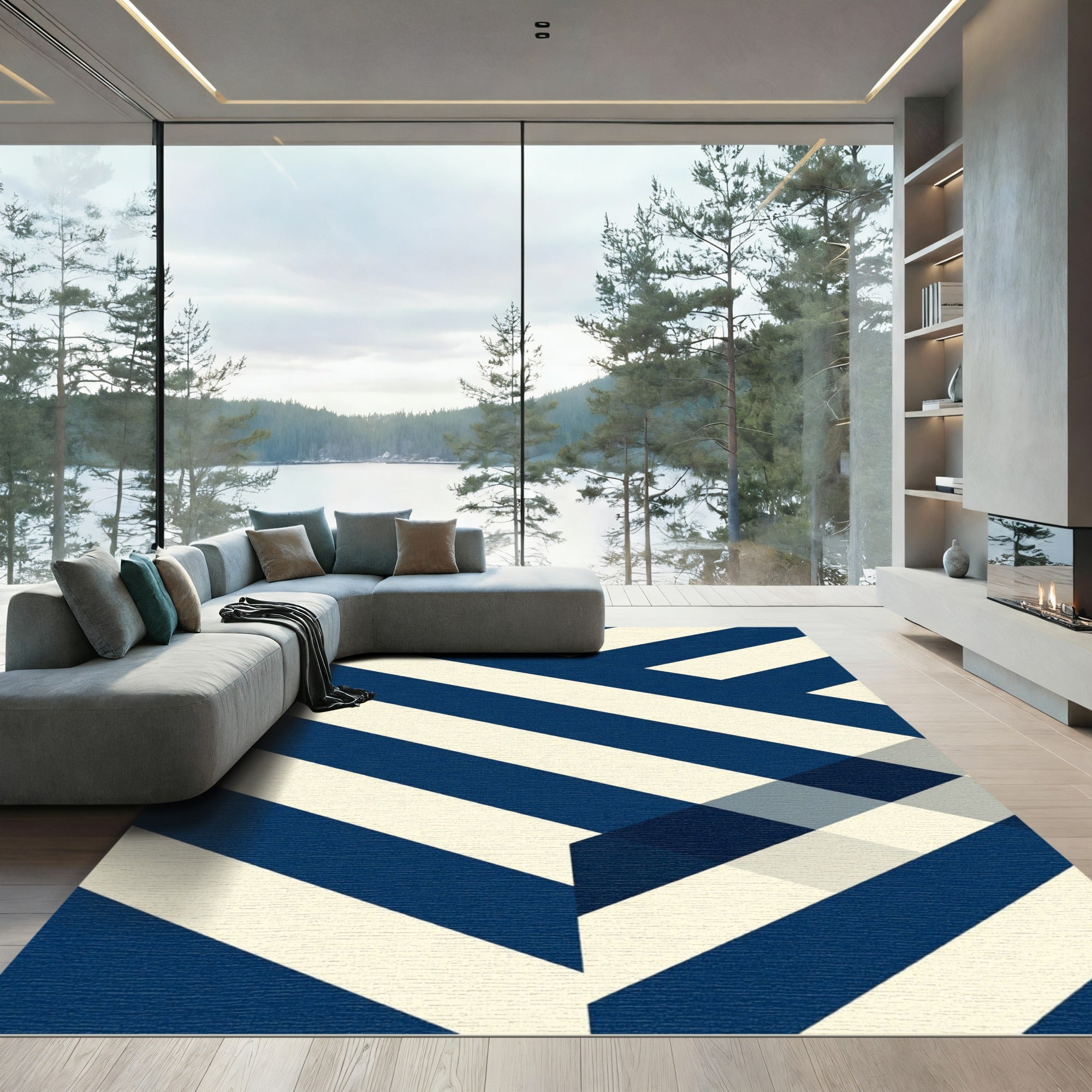 Modern Navy Diagonal Stripe Geometric Rug