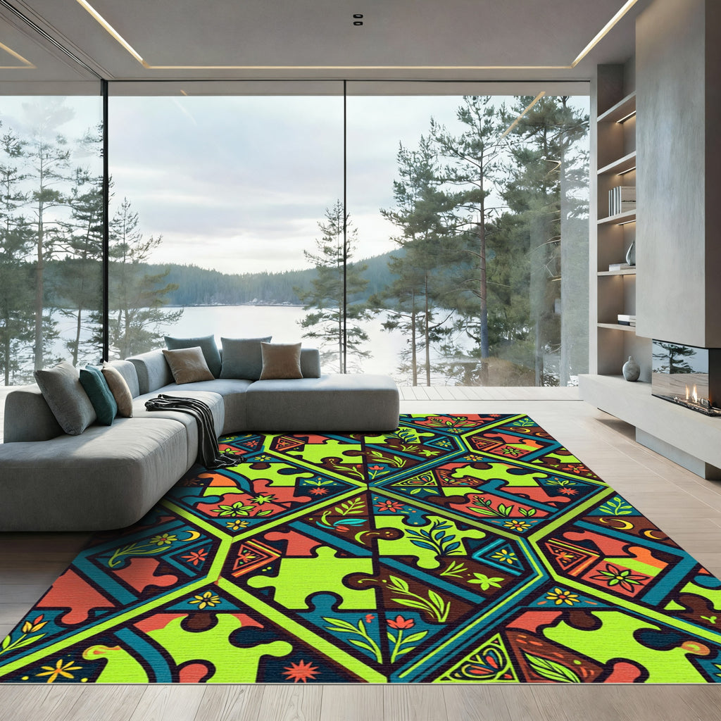 Colorful Geometric Puzzle Floral Medallion Rug