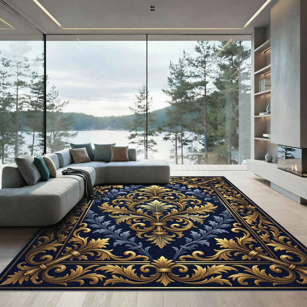 Elegant Golden Filigree Navy Damask Rug