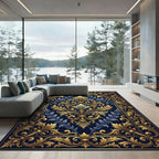 Elegant Golden Filigree Navy Damask Rug