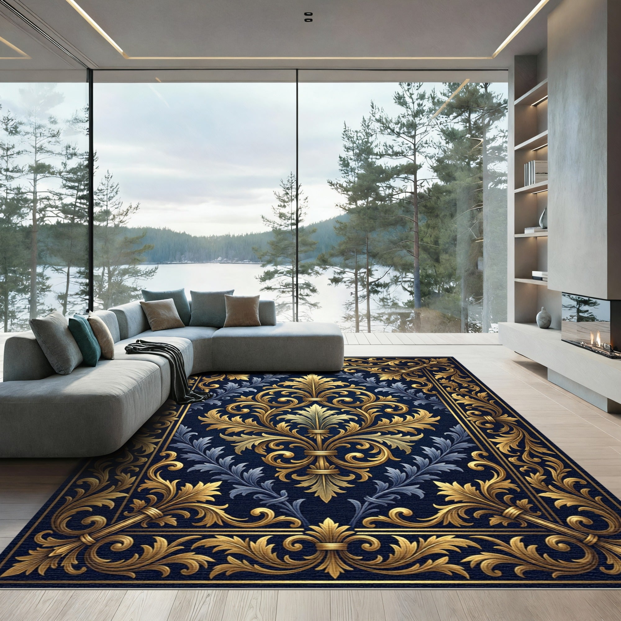 Elegant Golden Filigree Navy Damask Rug