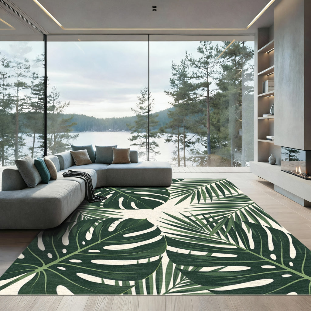Deep Green Tropical Monstera Palm Leaves Rug