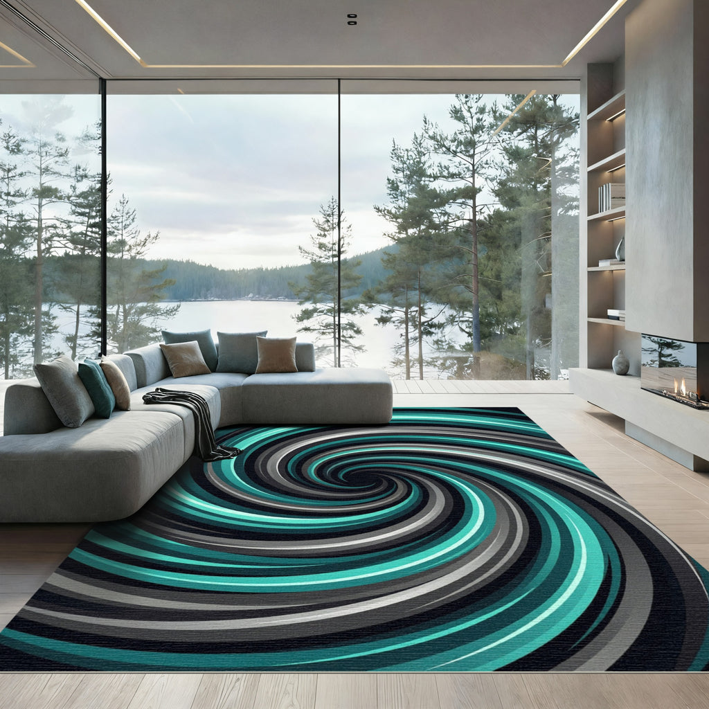 Cyan and Charcoal Infinite Swirl Rug