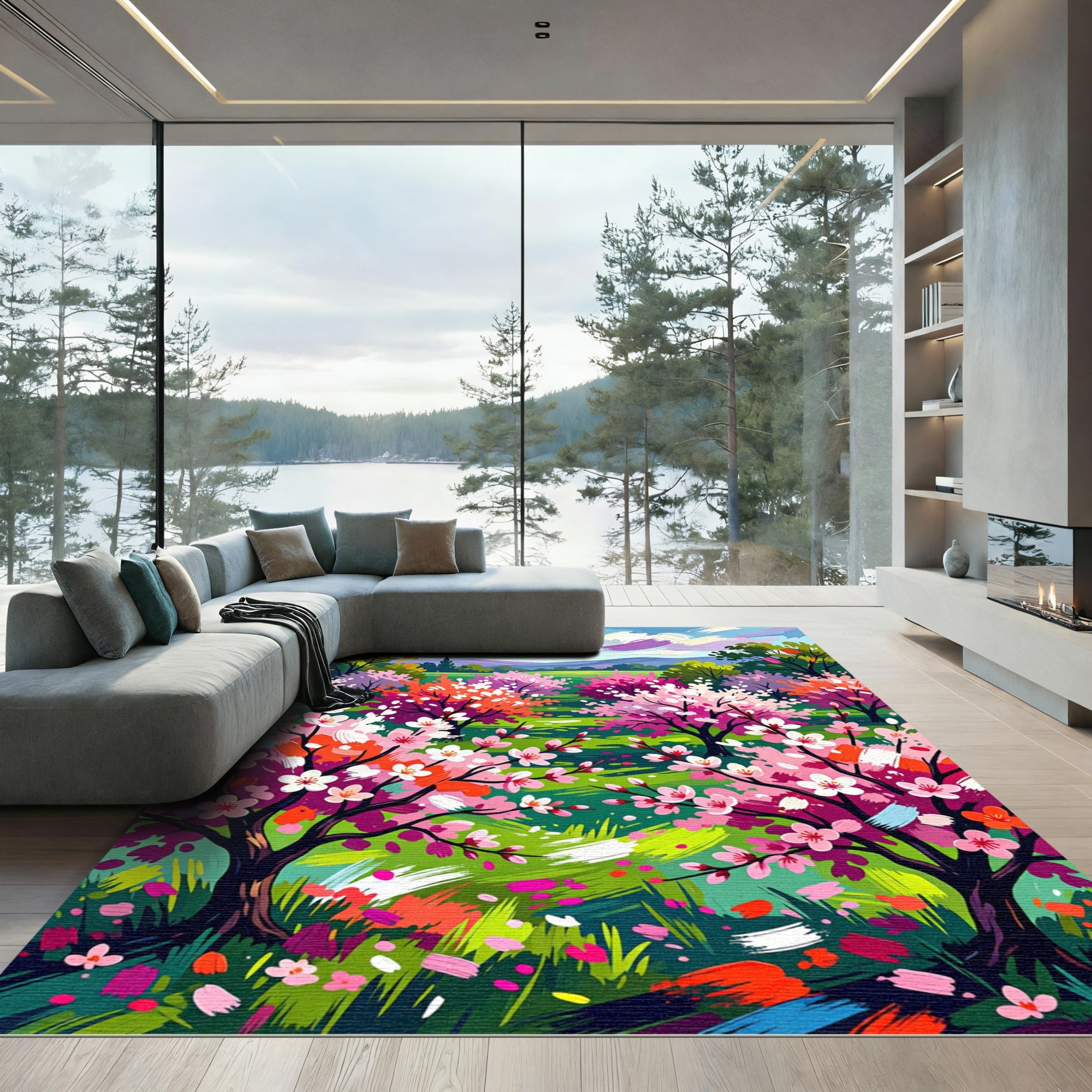 Vibrant Impressionist Cherry Blossom Landscape Rug