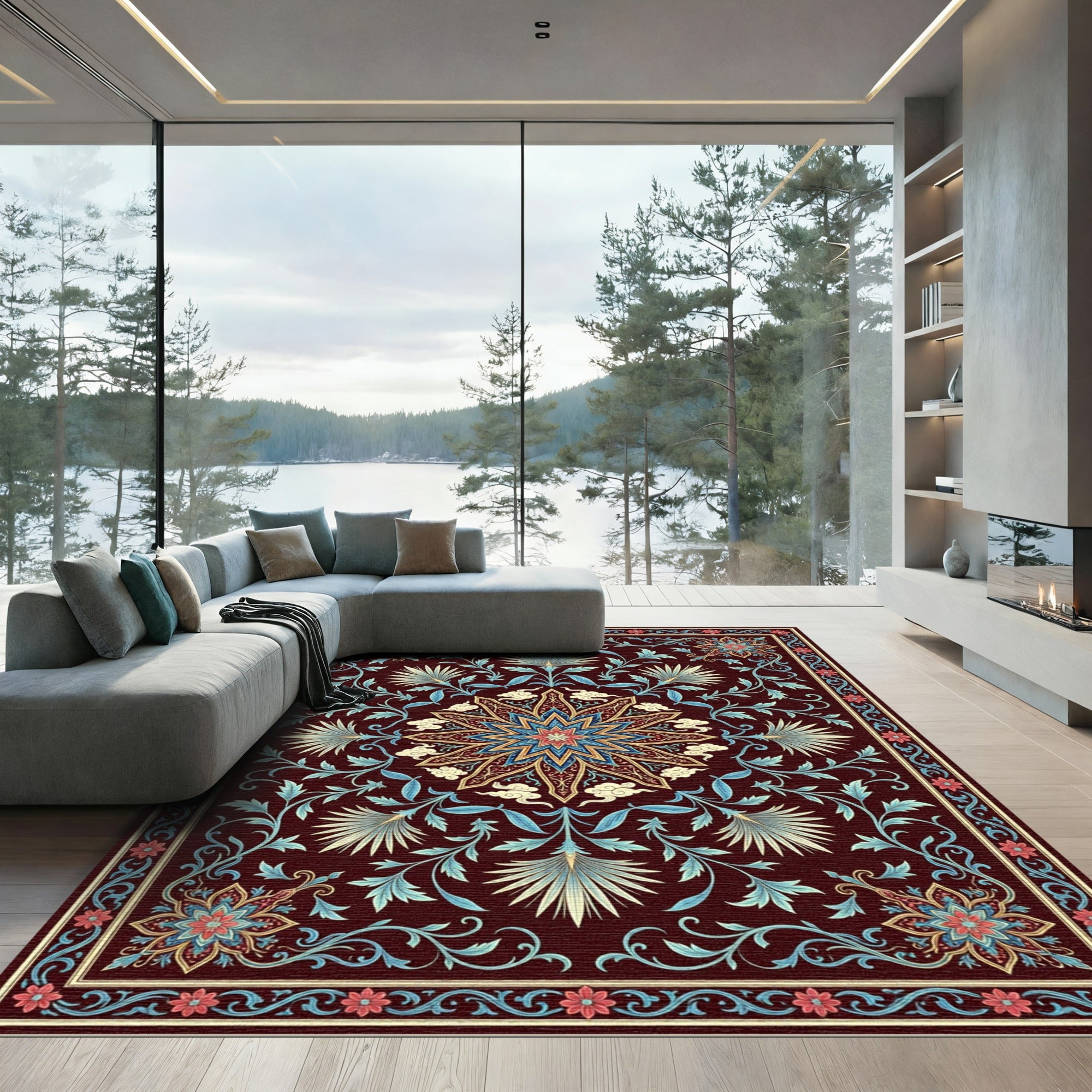 Elegant Burgundy Floral Star Medallion Rug