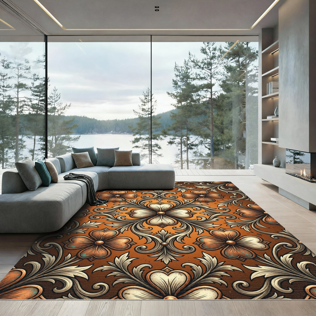 Ornate Amber Copper Floral Scrollmedallion Rug