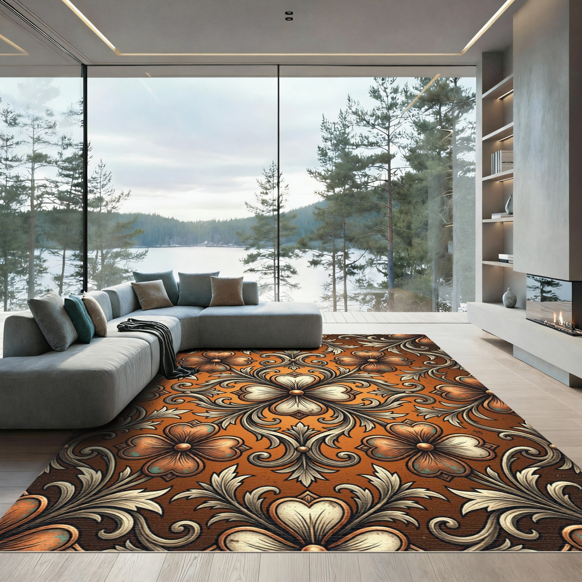Ornate Amber Copper Floral Scrollmedallion Rug