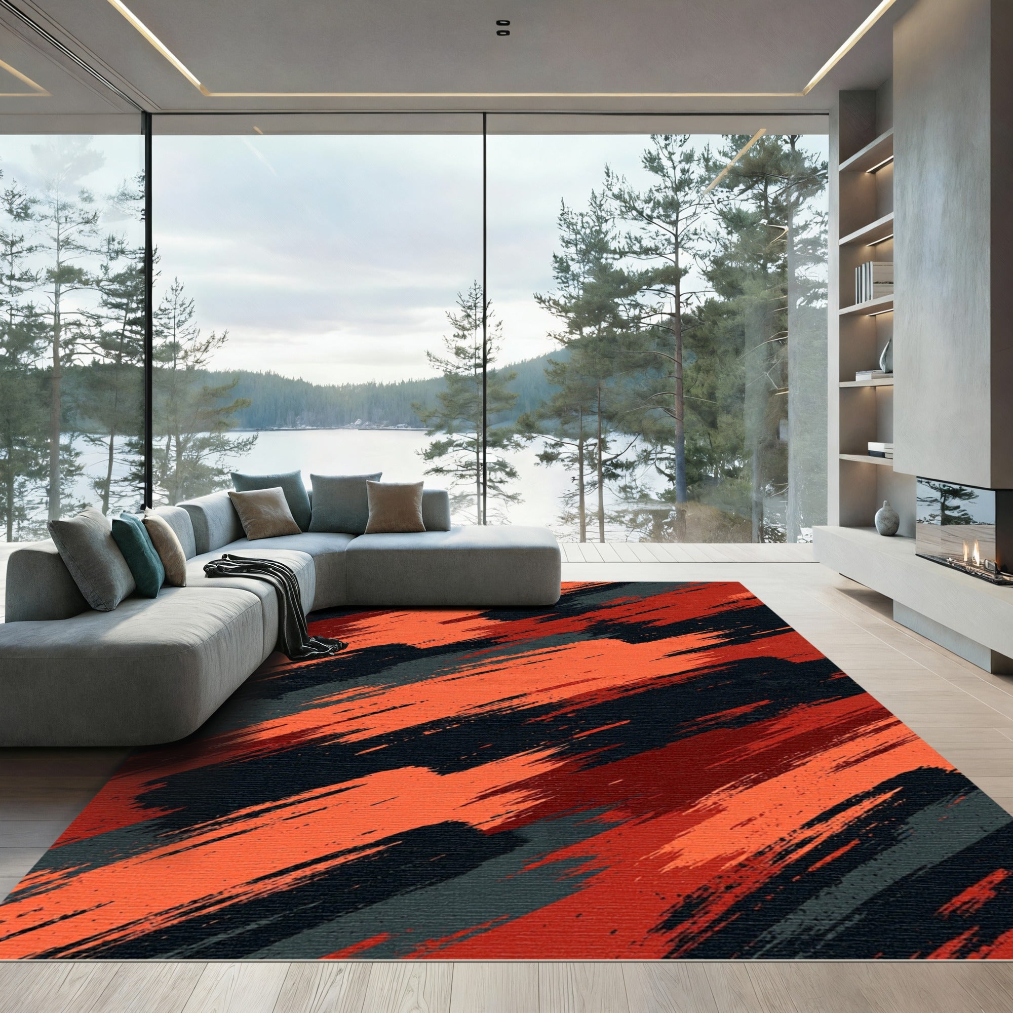 Crimson Orange Abstract Brush Strokes Rug