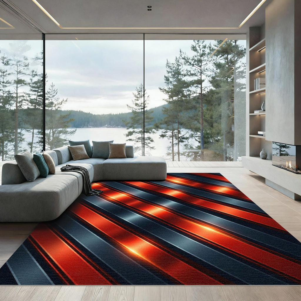 Metallic Orange Red Diagonal Stripes Rug