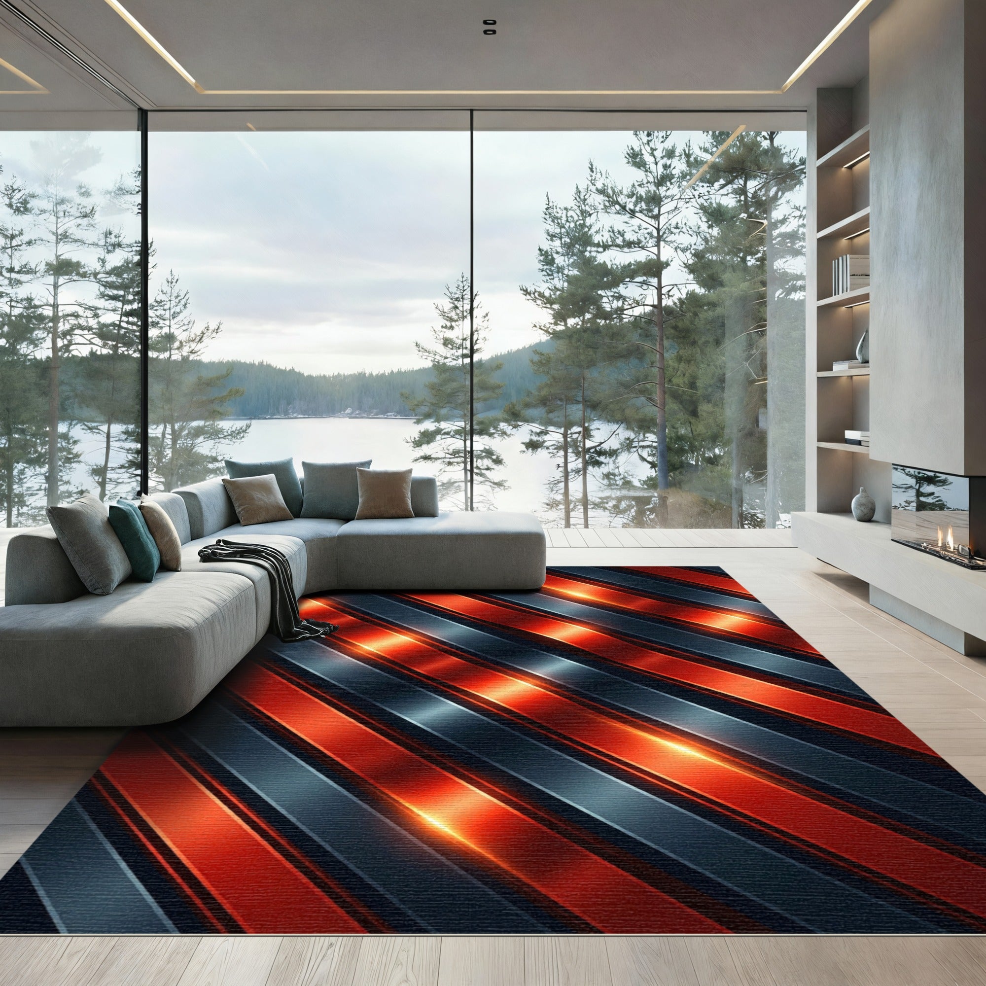 Metallic Orange Red Diagonal Stripes Rug