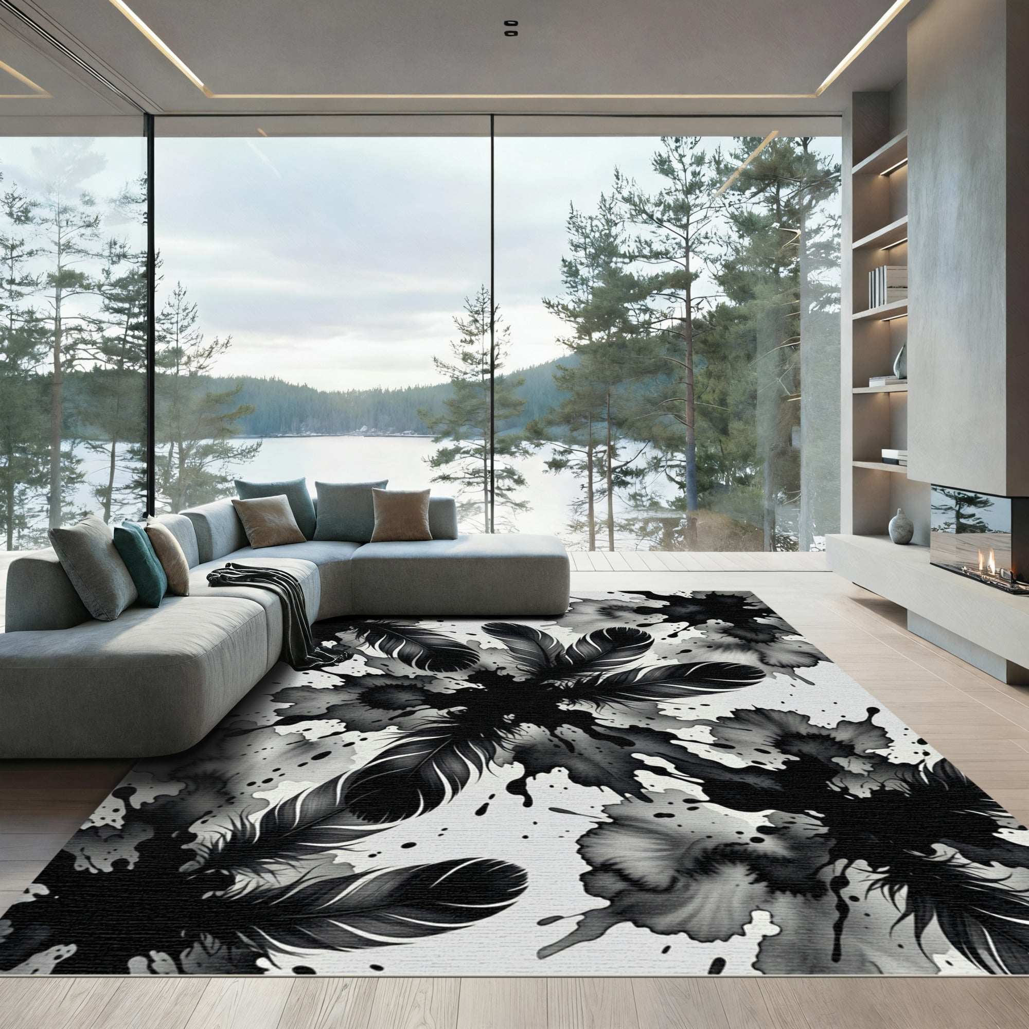 Monochrome Ink Splash Feather Accent Rug