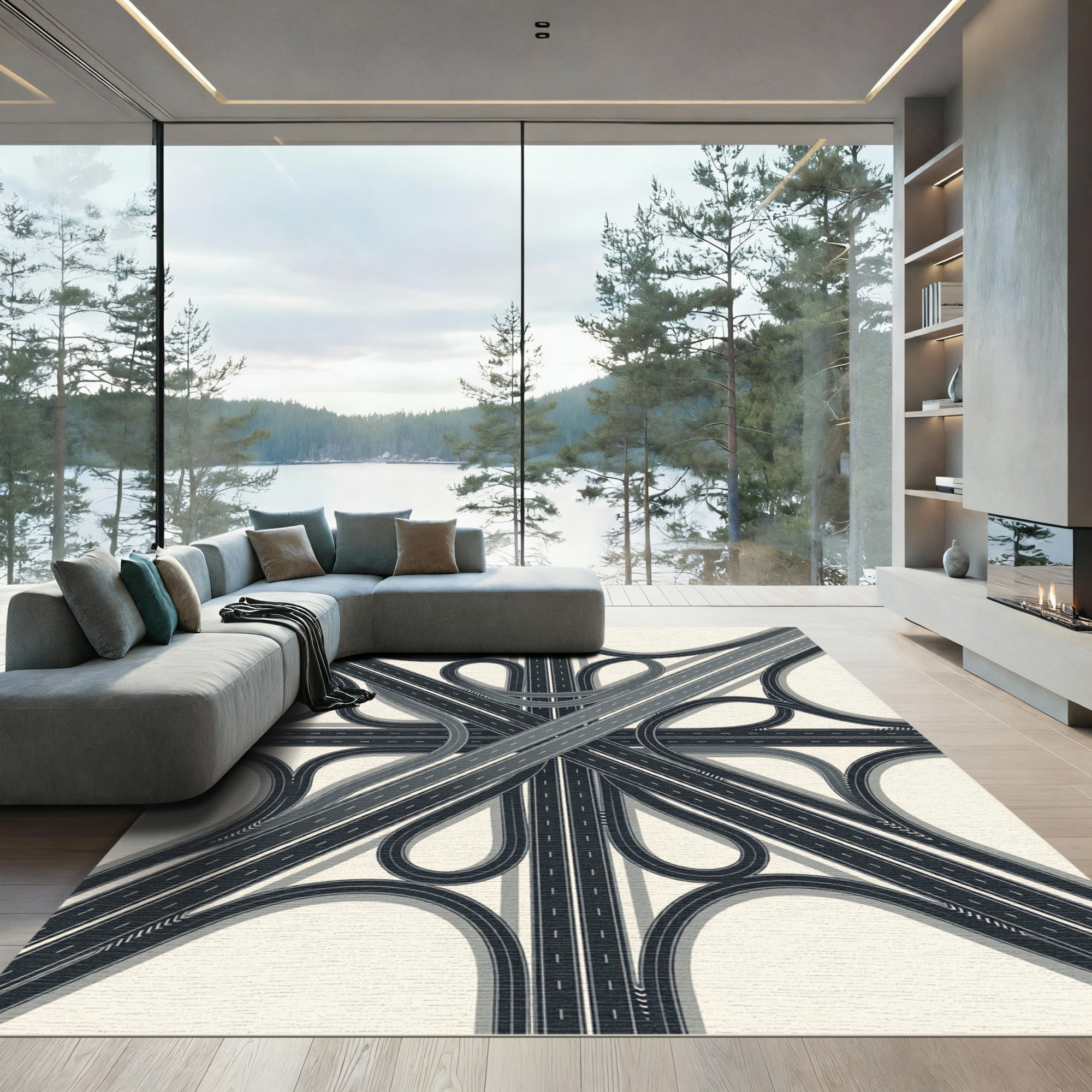 Modern Monochrome Abstract Highway Interchange Rug