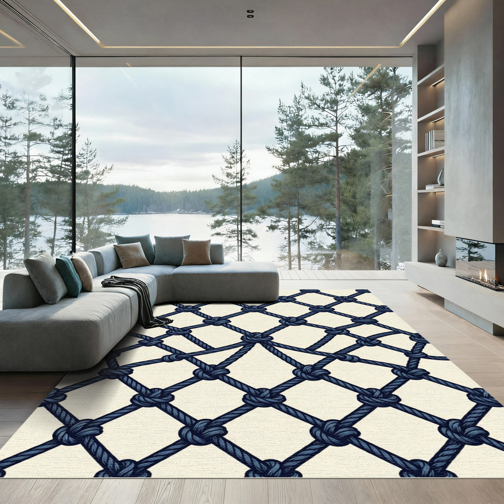 Dark Blue Rope Netting Composition Rug