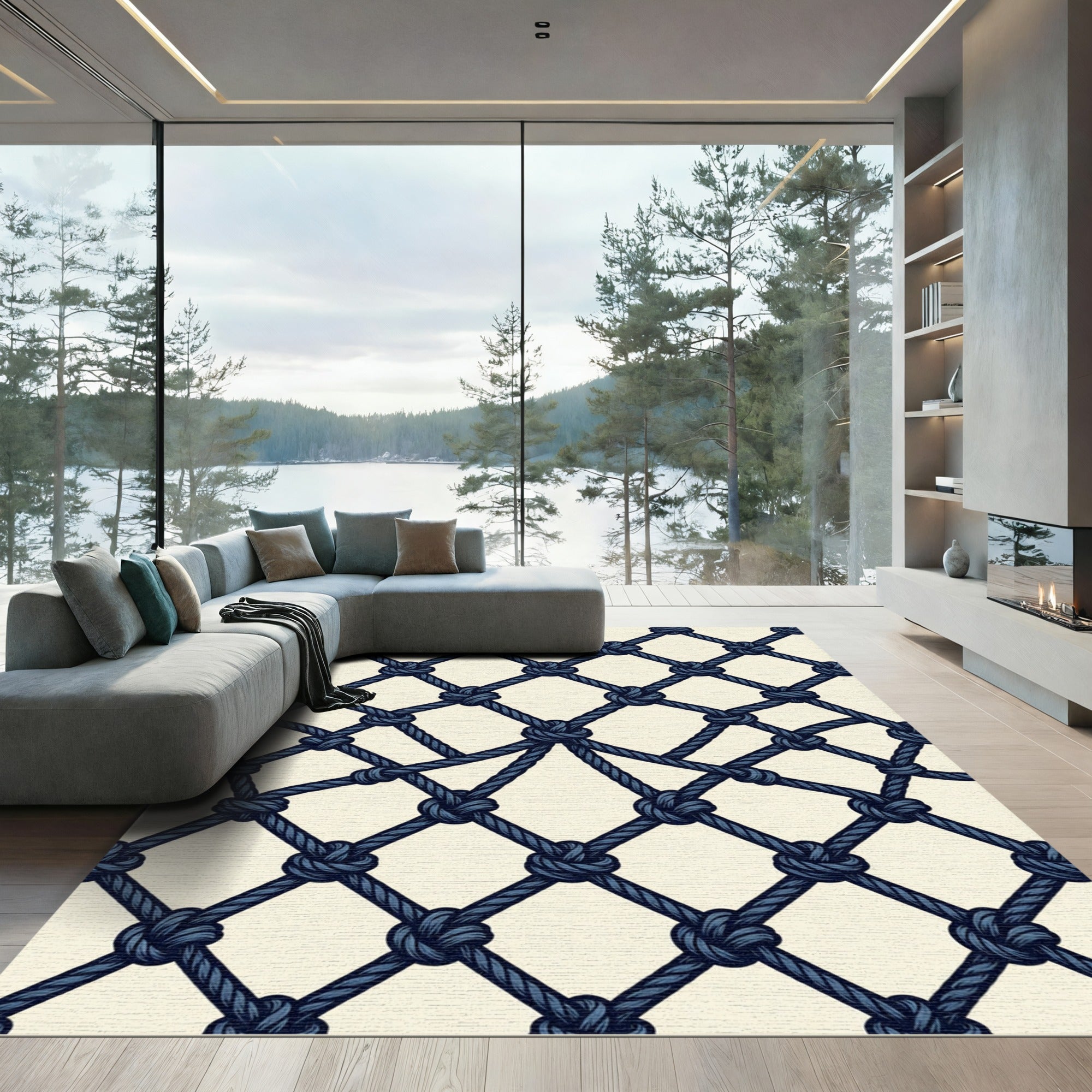 Dark Blue Rope Netting Composition Rug