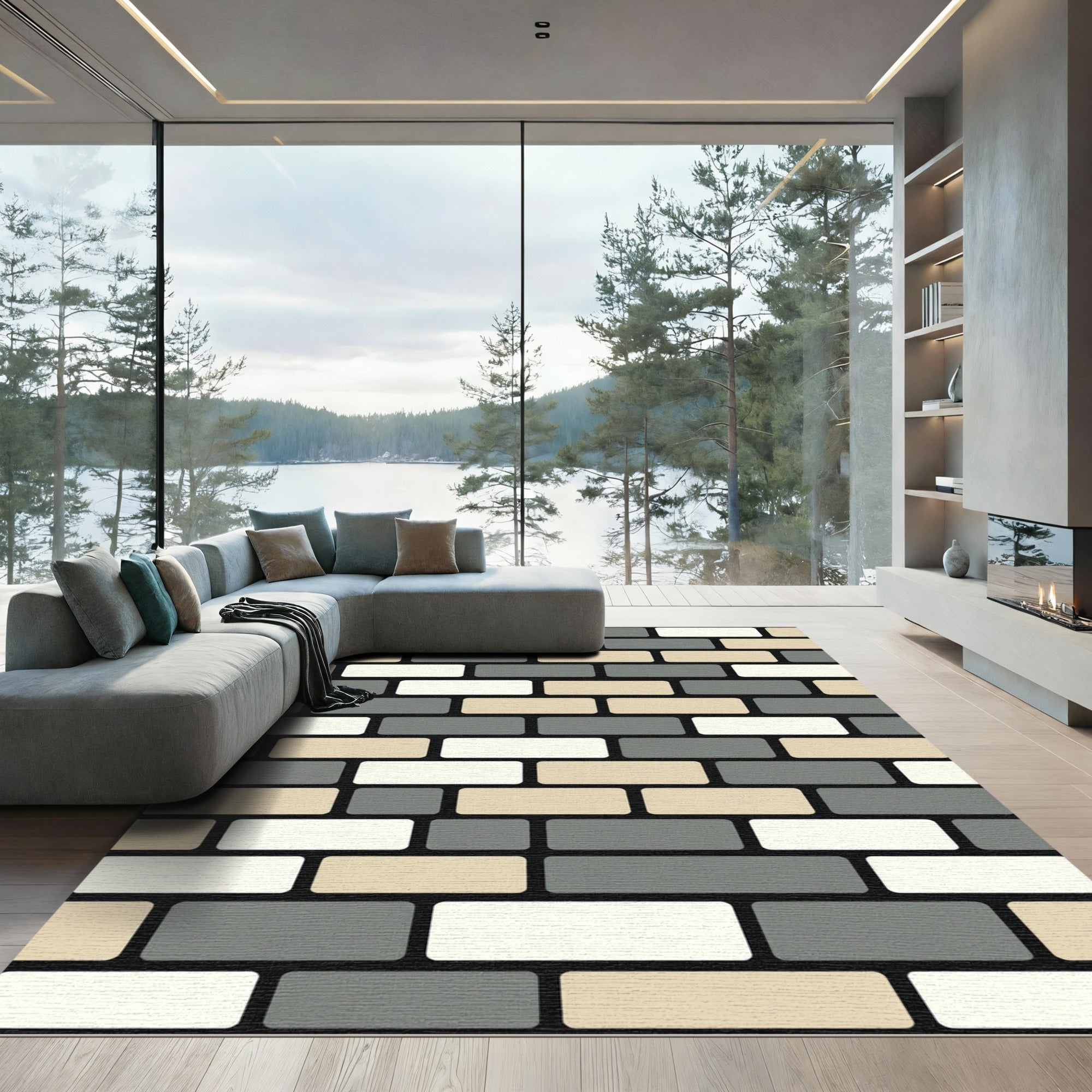 Neutral Toned Staggered Brick Pattern Rug