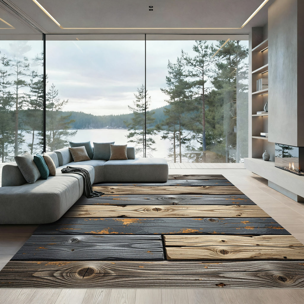 Distressed Wood Grain Plank Composition Rug