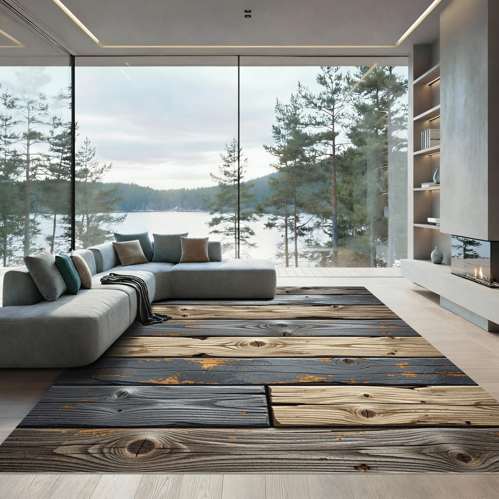 Distressed Wood Grain Plank Composition Rug