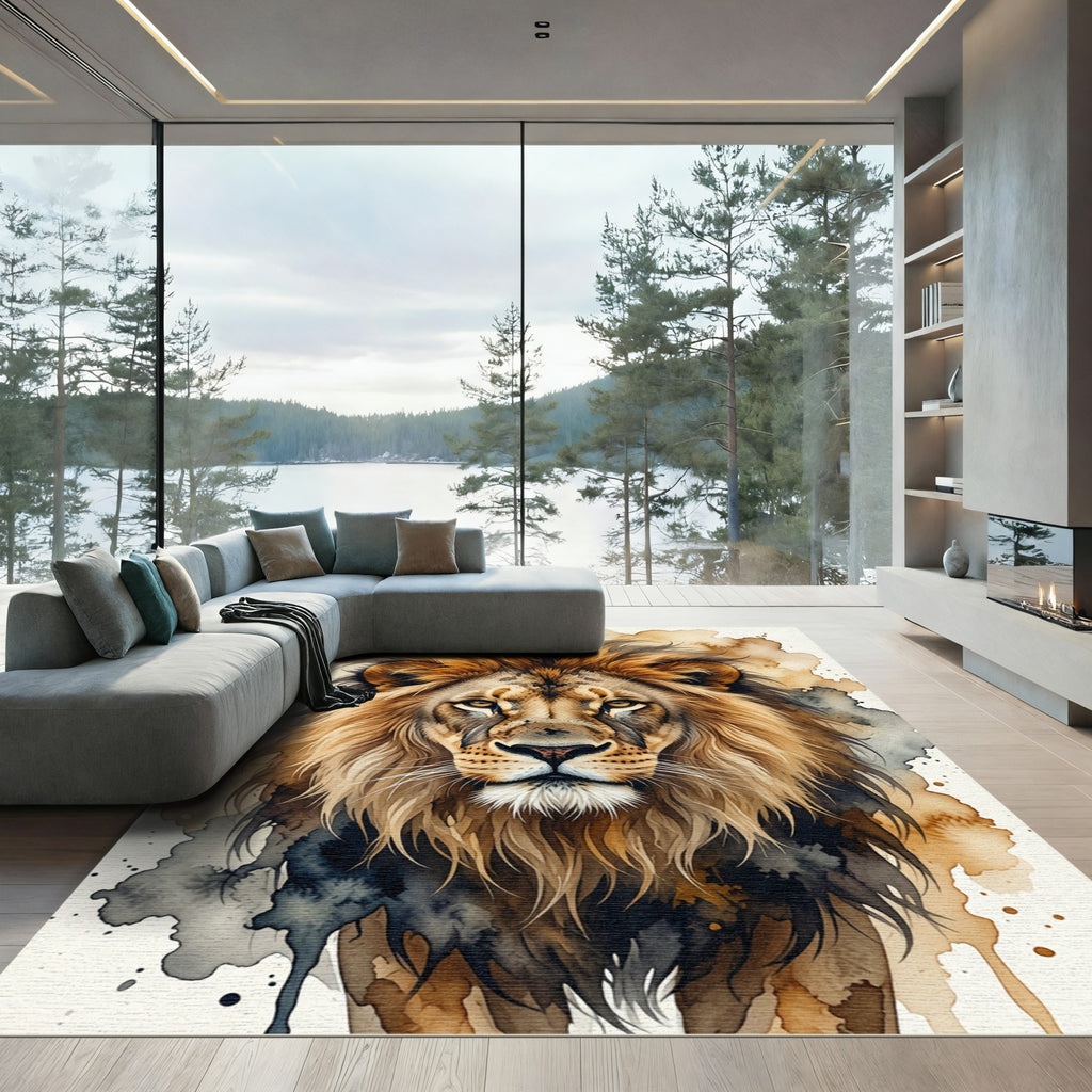 Majestic Watercolor Lion Face Portrait Rug