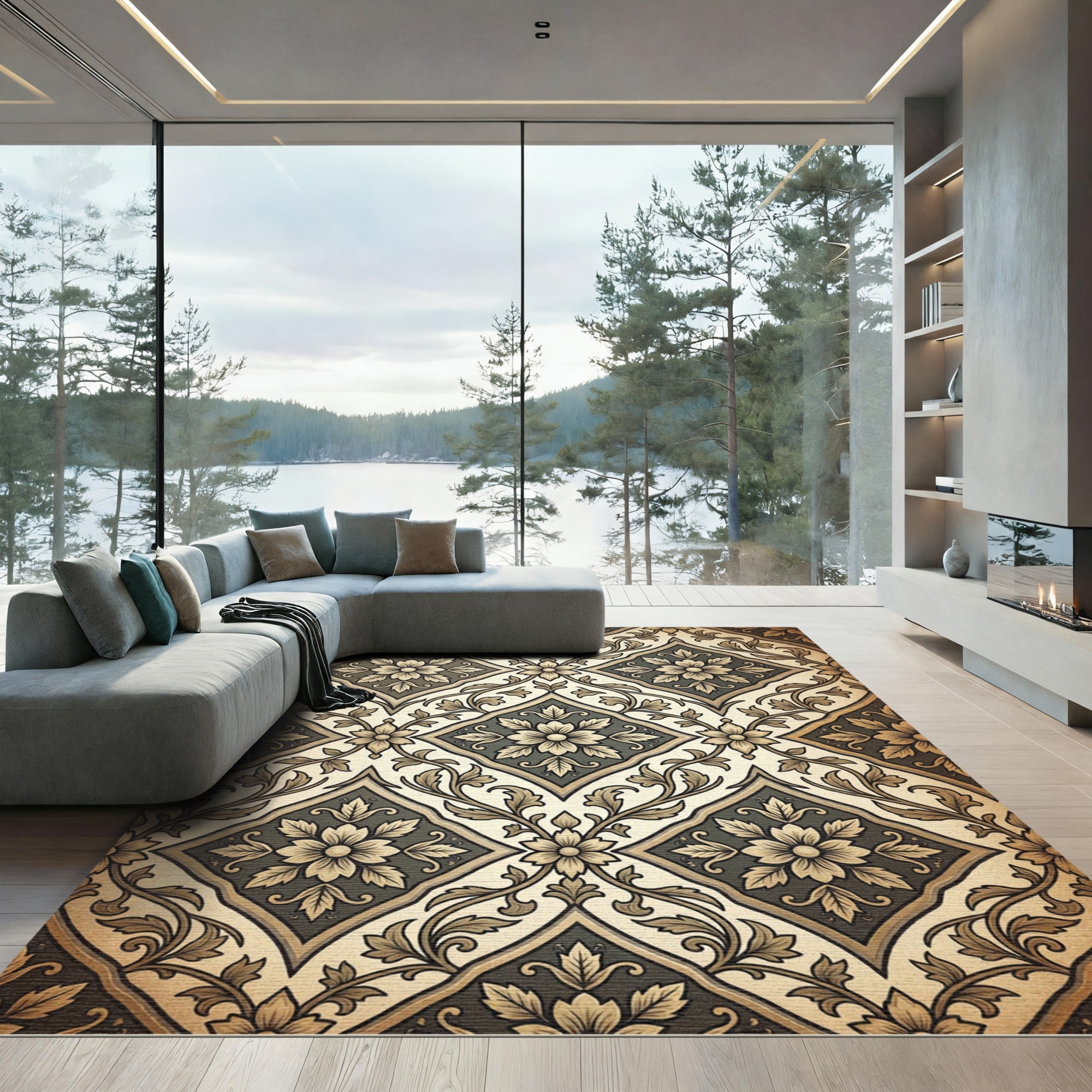 Classic Floral Damask Cream Gray Rug