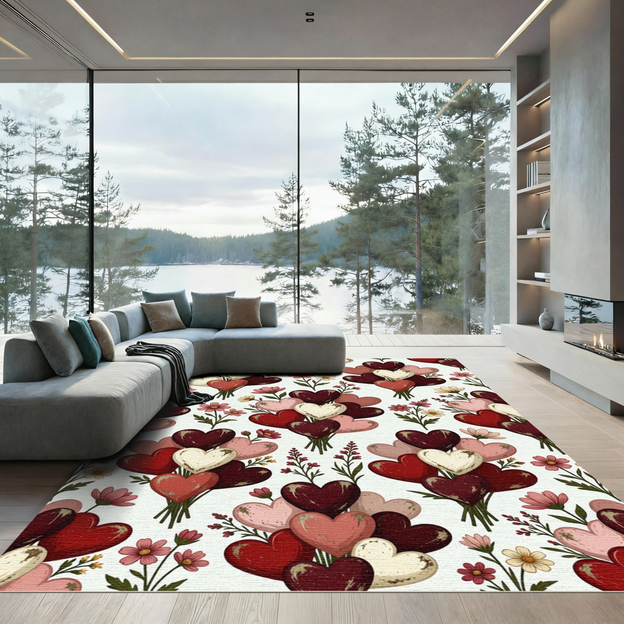 Heart and Wildflower Bouquet Wallpaper Rug