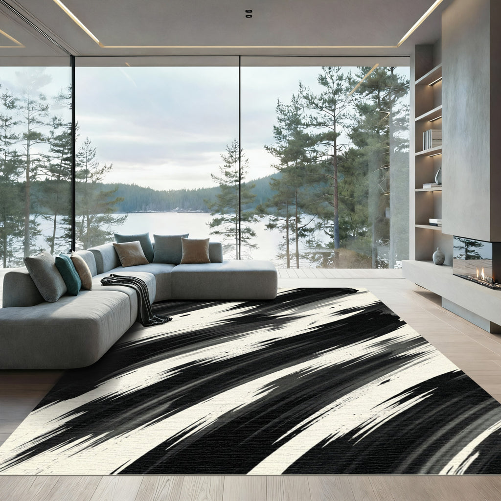 Modern Black and White Abstract Brushstroke Rug