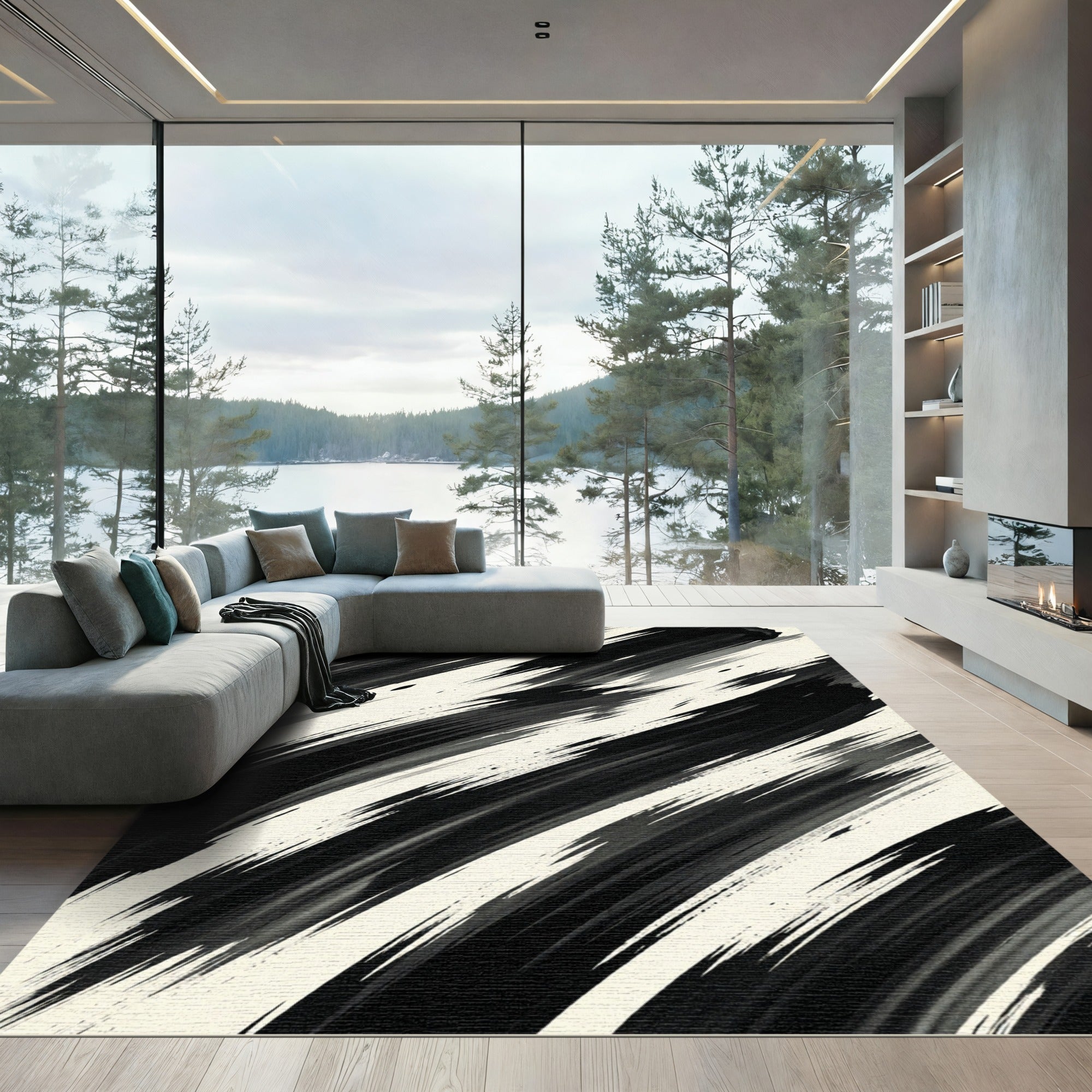 Modern Black and White Abstract Brushstroke Rug