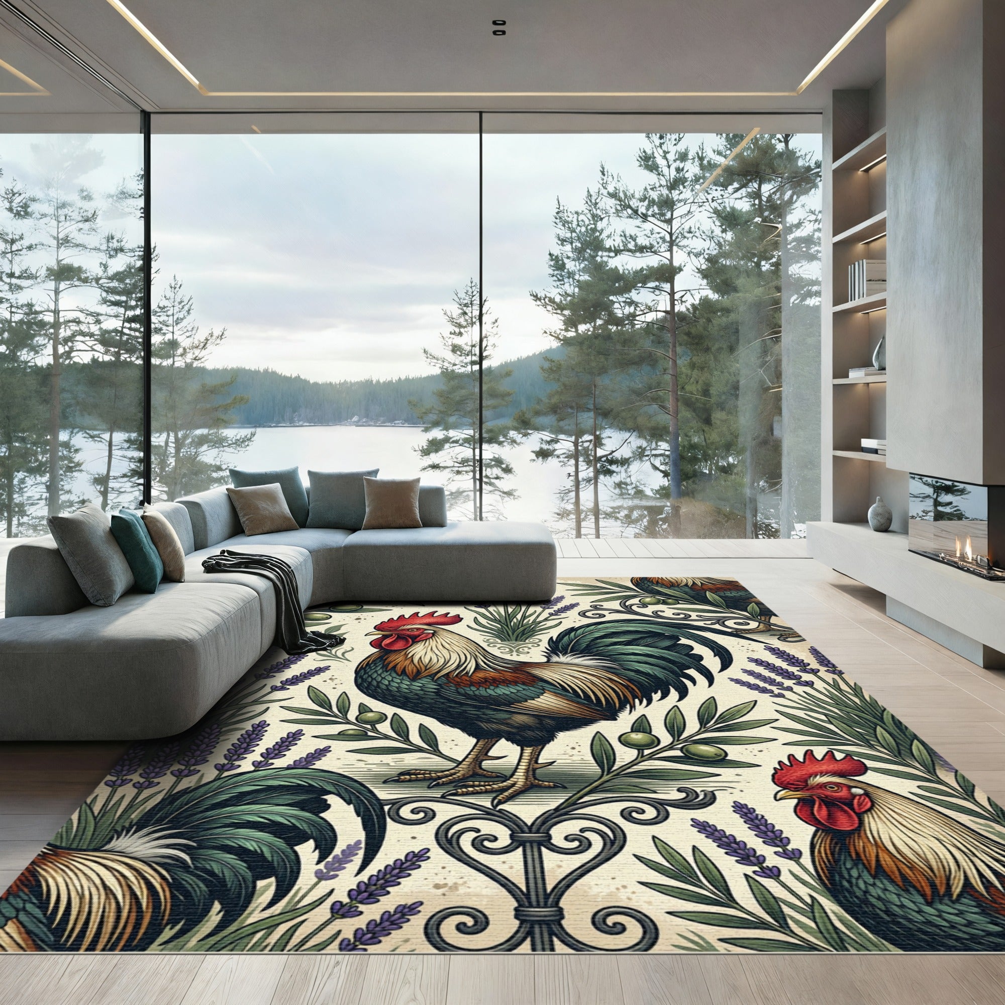 Rustic Rooster Lavender and Olive Branch Rug