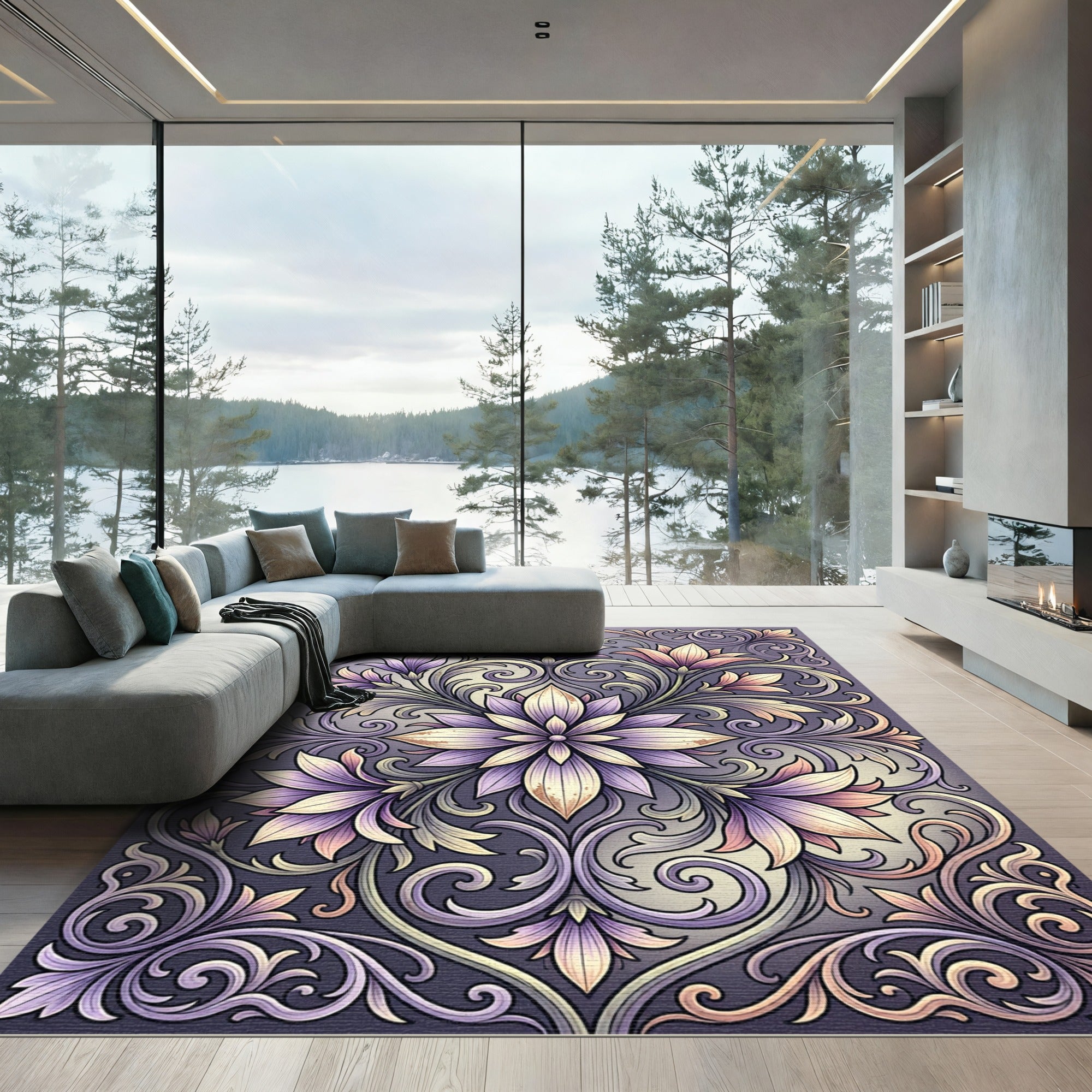 Elegant Lilac Floral Damask Bloom Rug