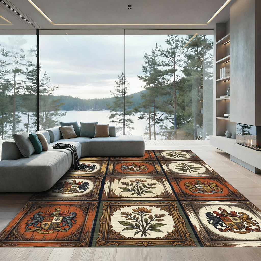 Ornate Heraldic Crest Earthy Tone Tile Rug