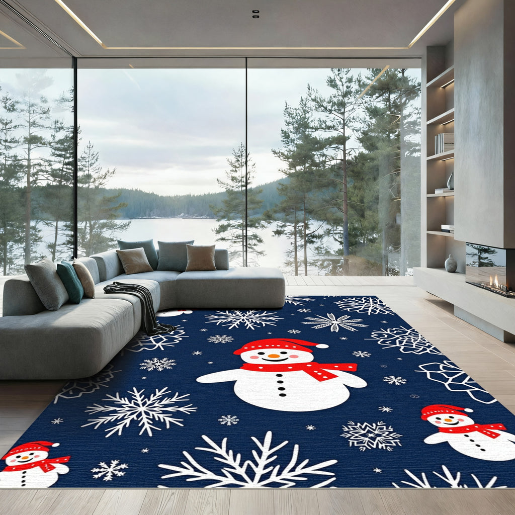 Festive Snowman And Snowflakes Scene Rug
