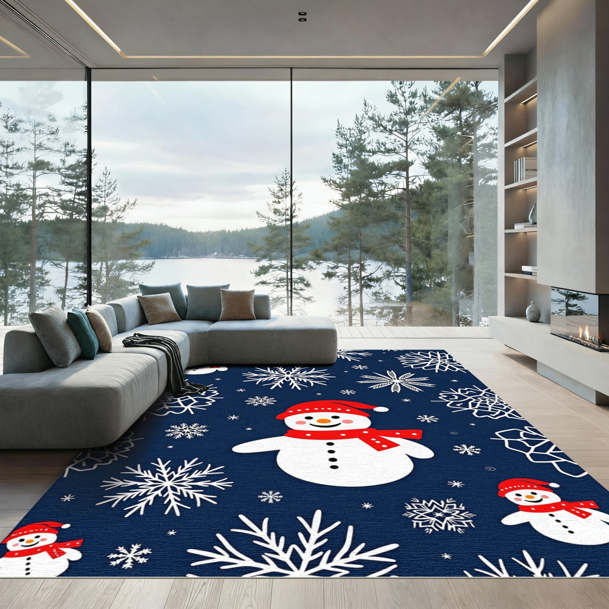 Festive Snowman And Snowflakes Scene Rug