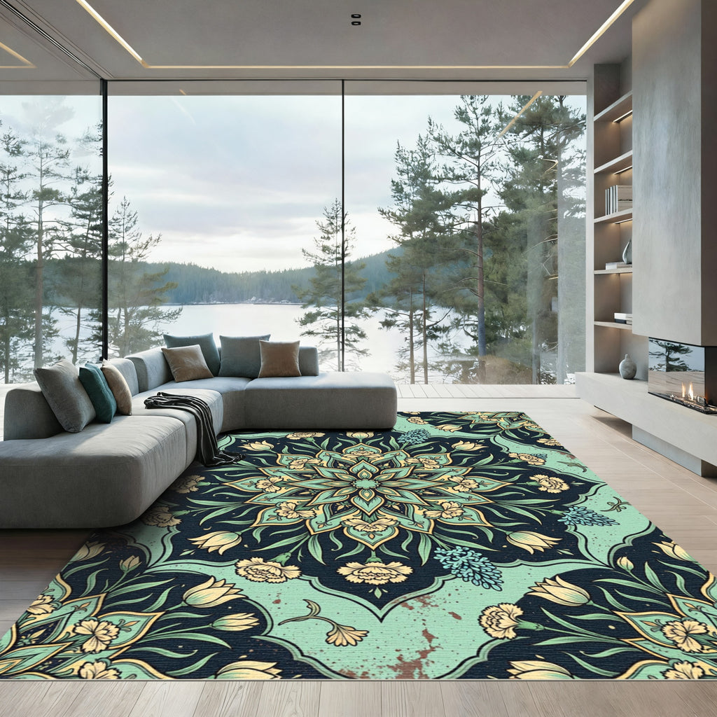Turquoise Floral Medallion Mandala Garden Rug