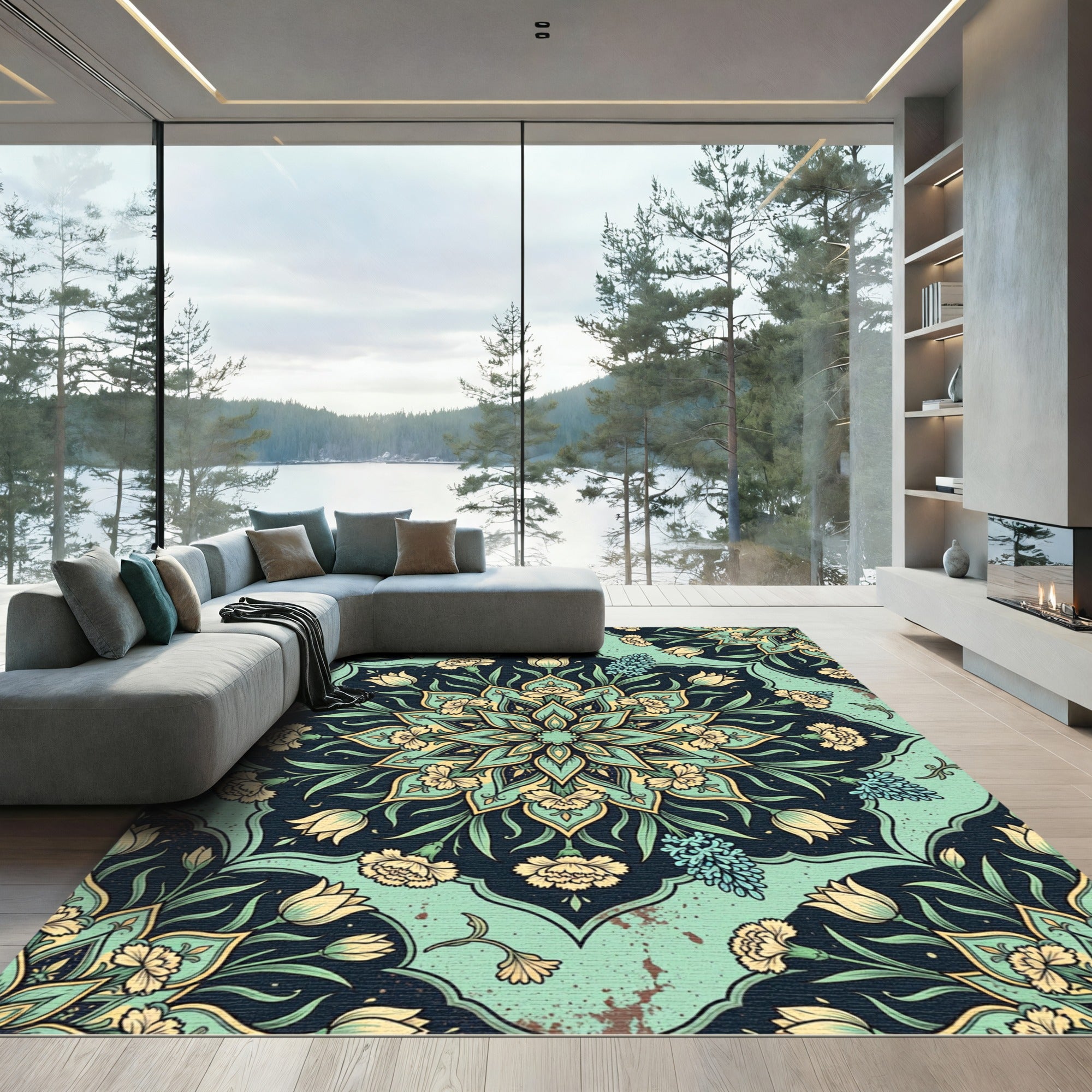 Turquoise Floral Medallion Mandala Garden Rug