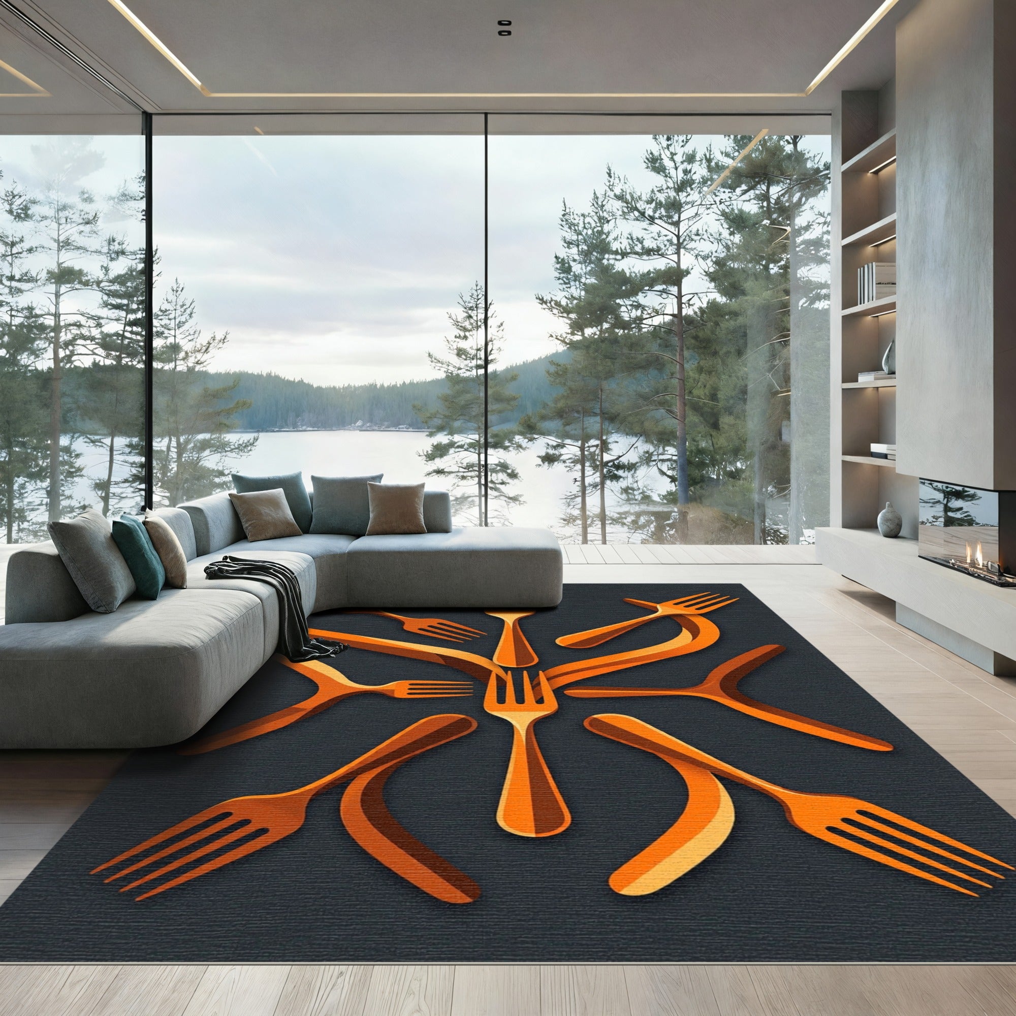 Orange Fork Abstract Radial Arrangement Rug