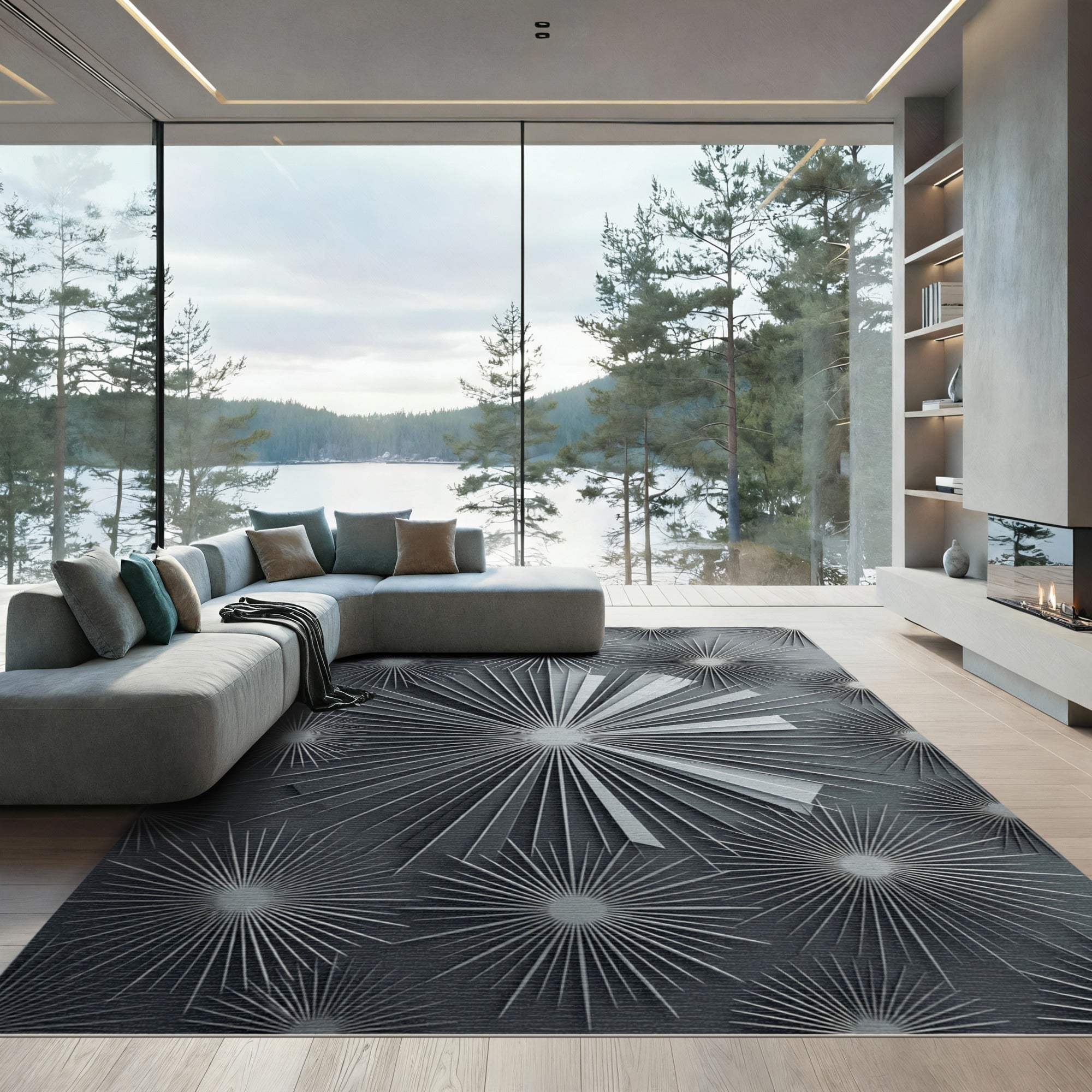 Modern Charcoal Gray Starburst Abstract Rug