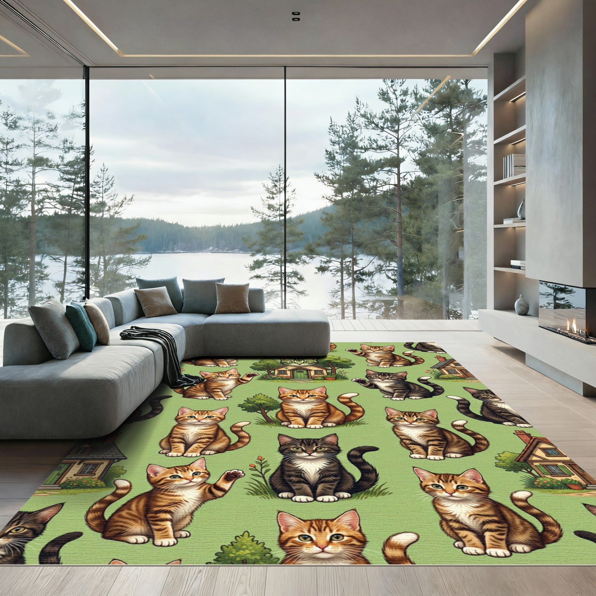 Playful Kittens On Green Background Rug