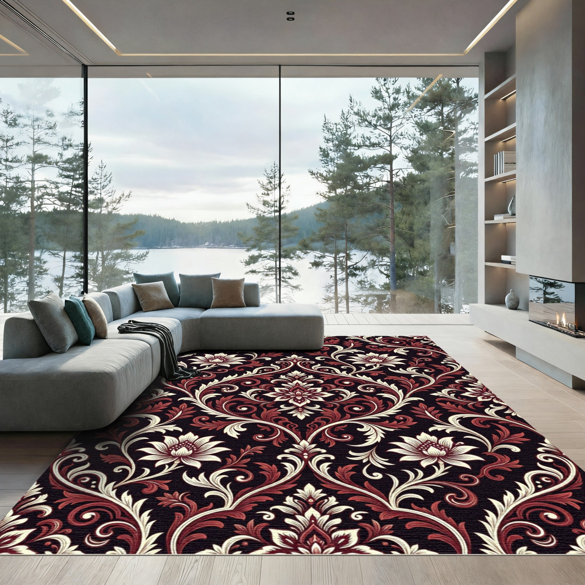 Rich Burgundy Cream Floral Damask Rug