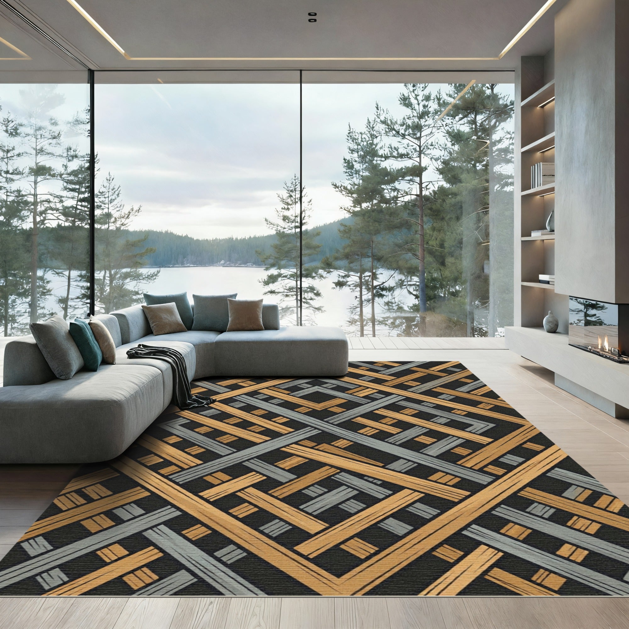 Geometric Gold and Silver Interlocking Lattice Rug