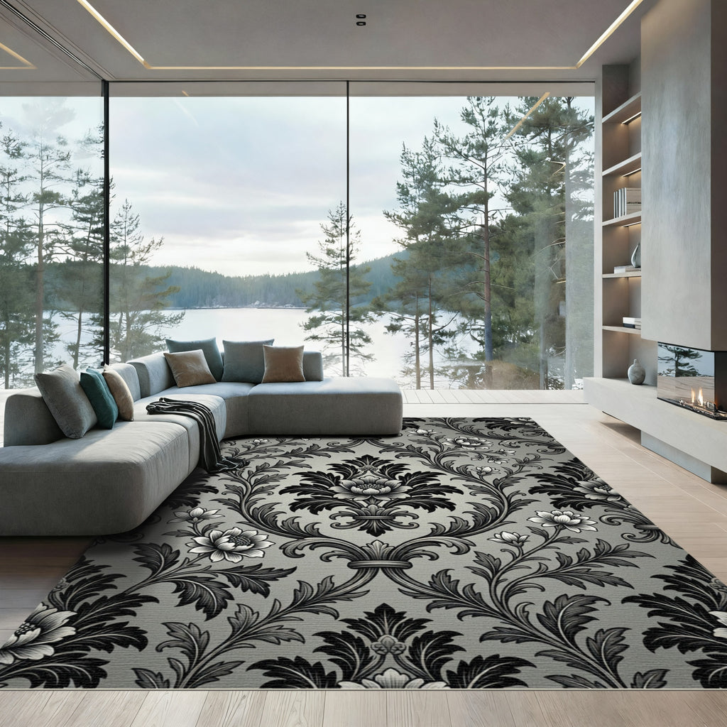 Ornate Black Silver Floral Scroll Rug