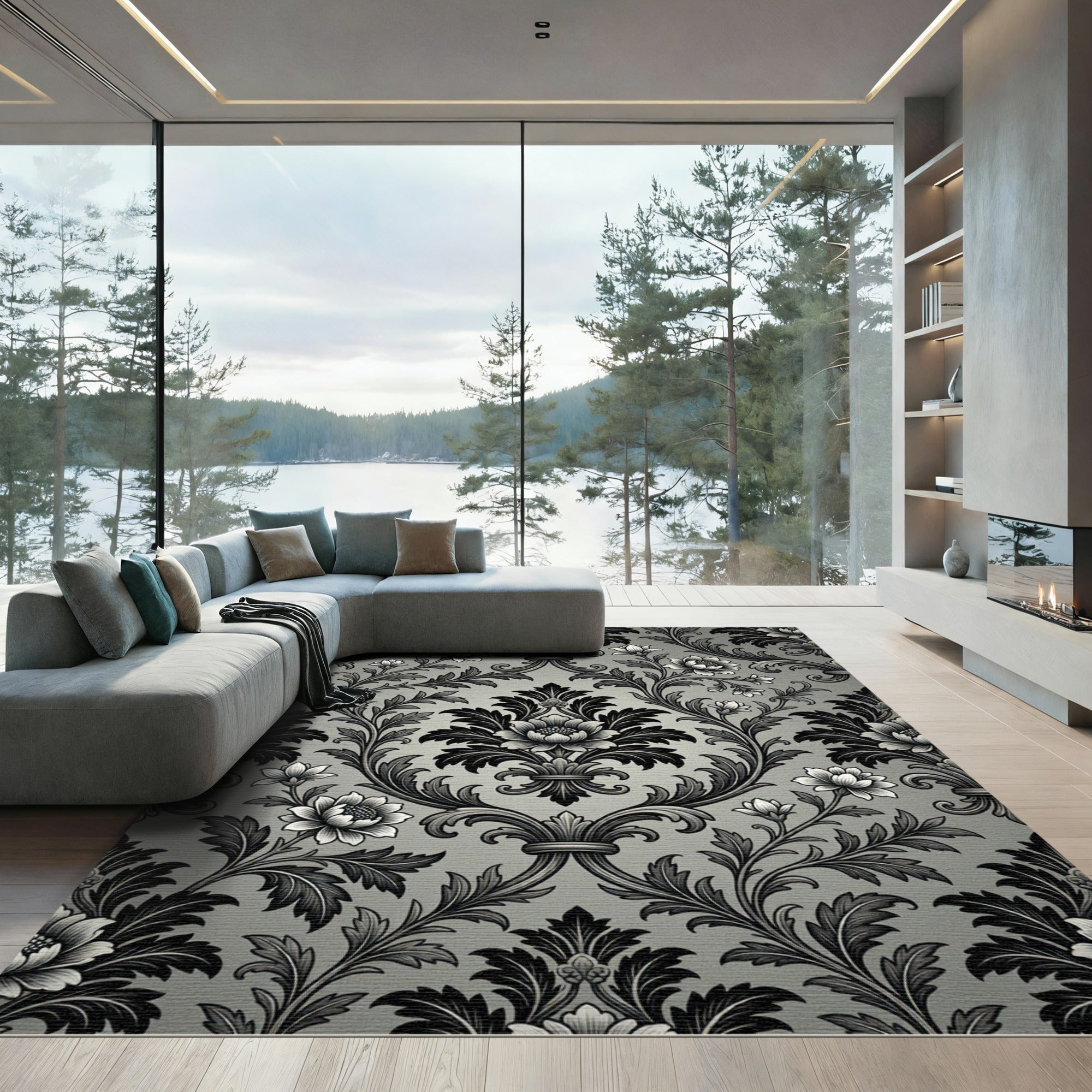 Ornate Black Silver Floral Scroll Rug