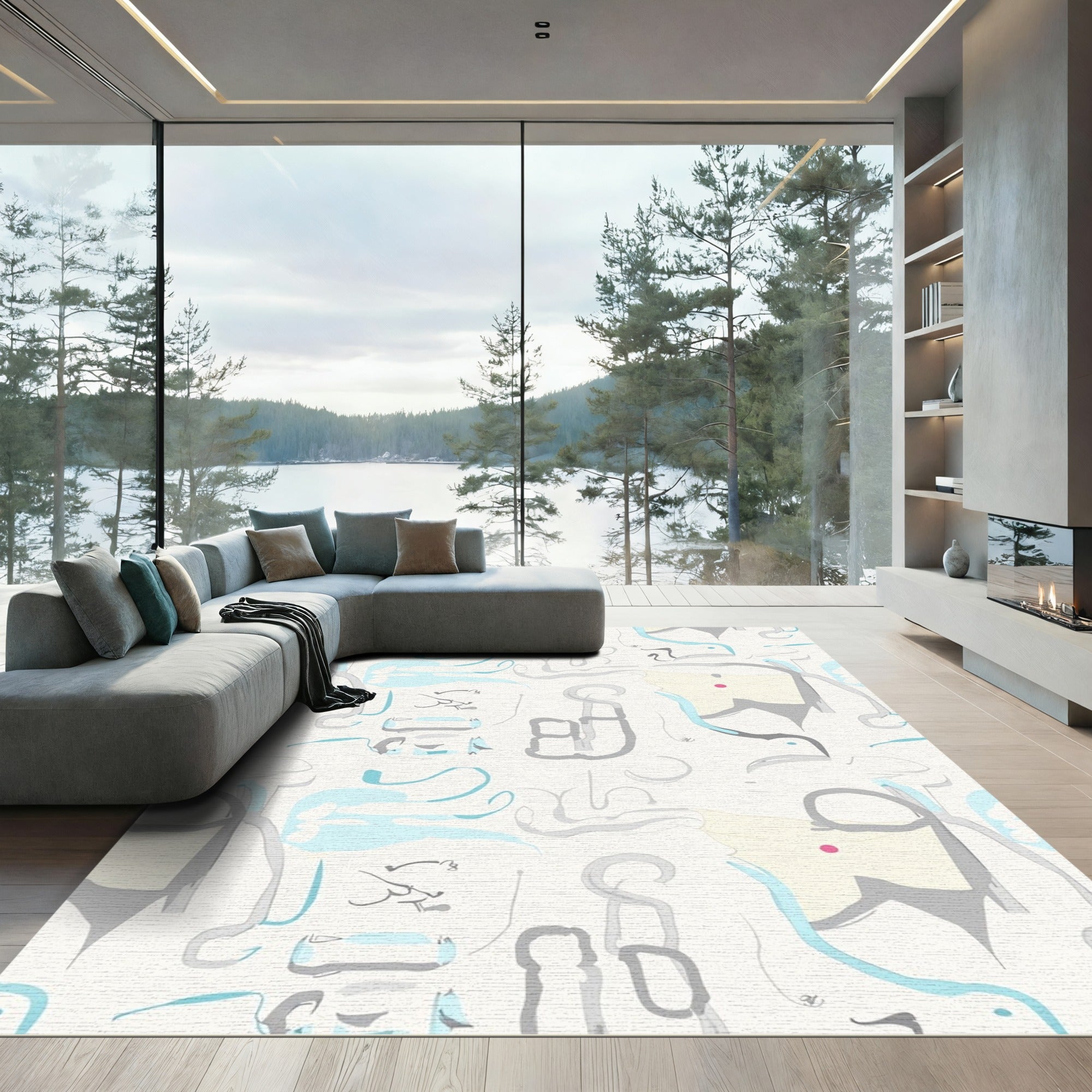 Abstract Aqua Gray Whimsical Shapes Rug