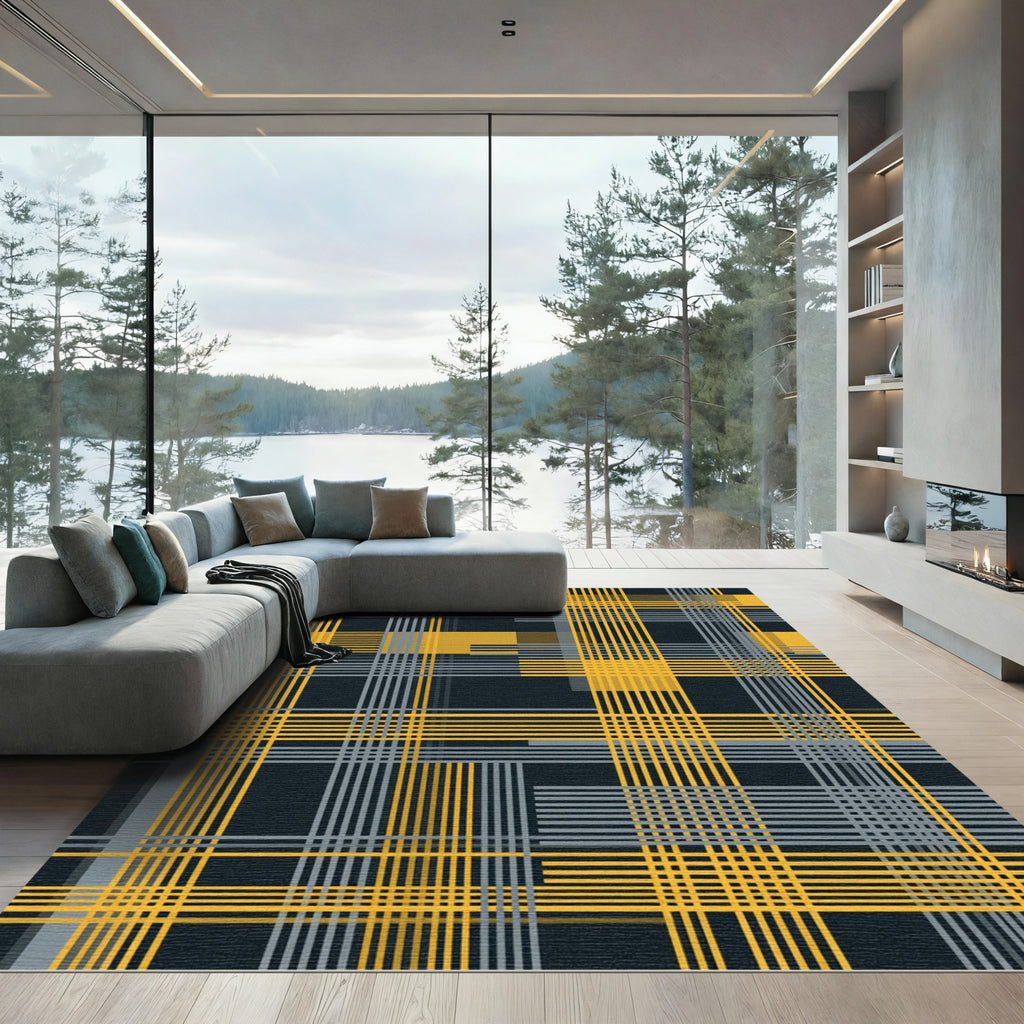 Golden Yellow Gray Plaid Intersecting Lines Rug