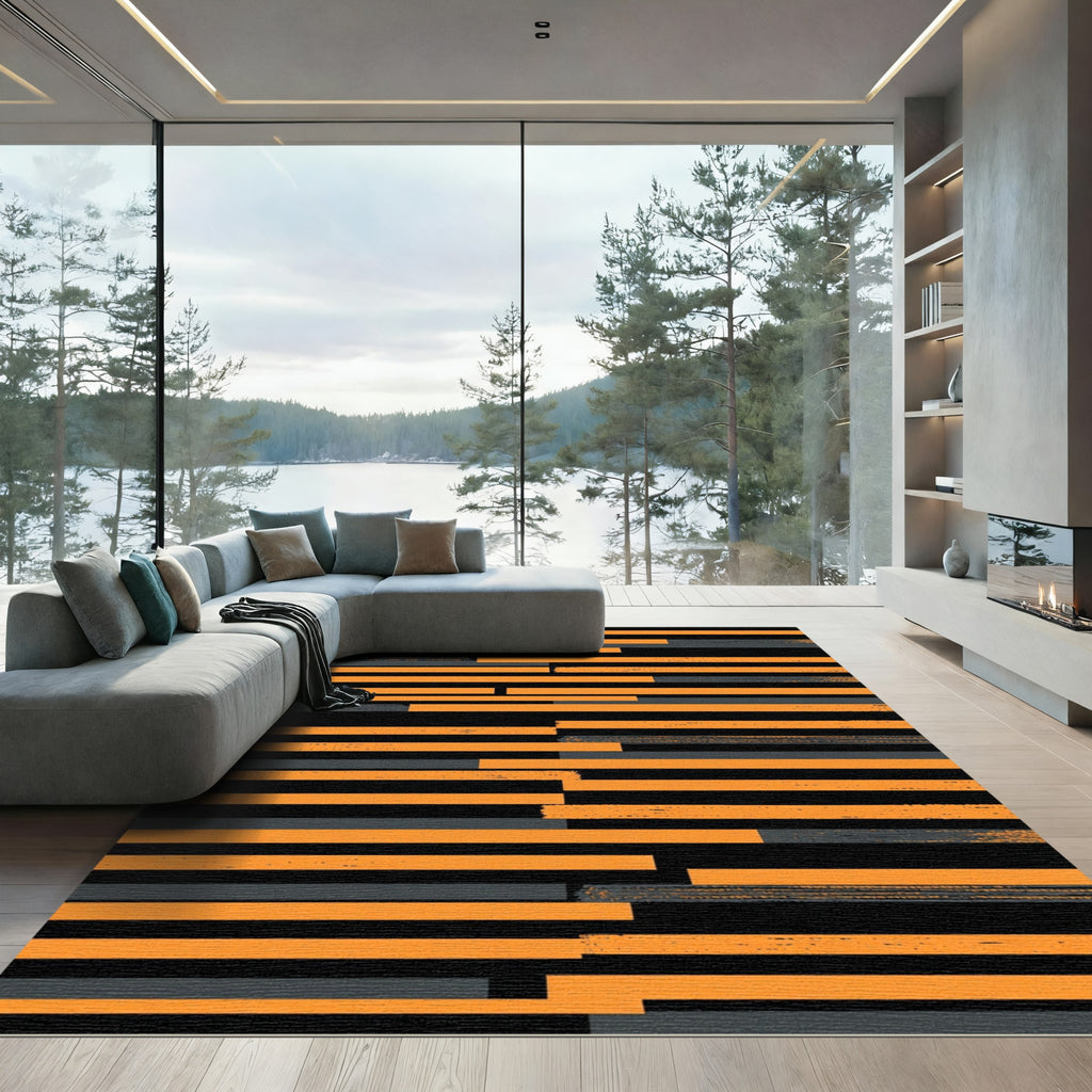 Modern Abstract Orange and Charcoal Striped Rug